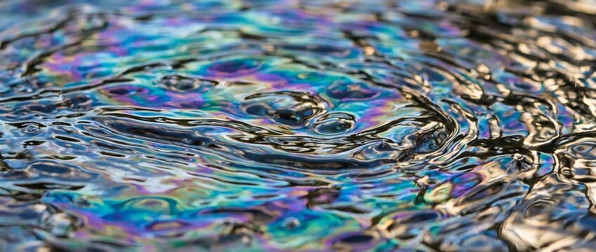 七色にきらめく液体表面のクローズアップ