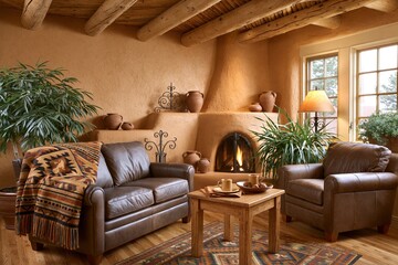 Obraz premium Cozy living room with adobe fireplace and leather