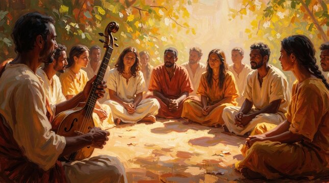 Diverse people sit in a circle, listening to a man play a stringed instrument. Group learns outdoor, experiencing cultural harmony, spiritual lesson, and communal storytelling.