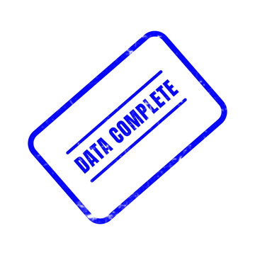A bright blue rubber stamp graphic featuring the text data complete inside a rectangular border set against a clean and simple white background
