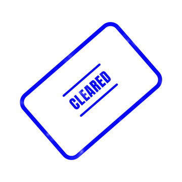 A bright blue rubber stamp impression featuring the word cleared centered inside a rectangular border set against a clean and simple white background surface