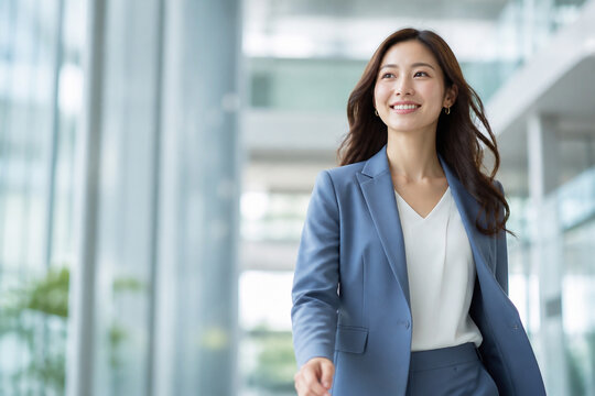 オフィスビルを歩く笑顔の若い日本人女性ビジネスウーマン
