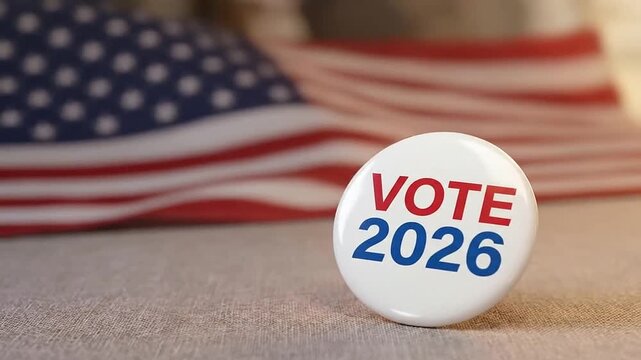 Vote 2026 election badge with American flag waving in background for United States political campaign