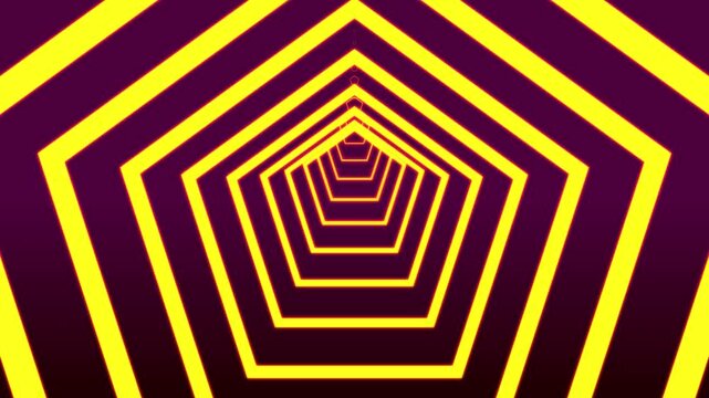 Infinite yellow pentagon tunnel animation featuring glowing neon geometric lines moving forward in a dark purple void creating a mesmerizing hypnotic digital motion visual experience effect