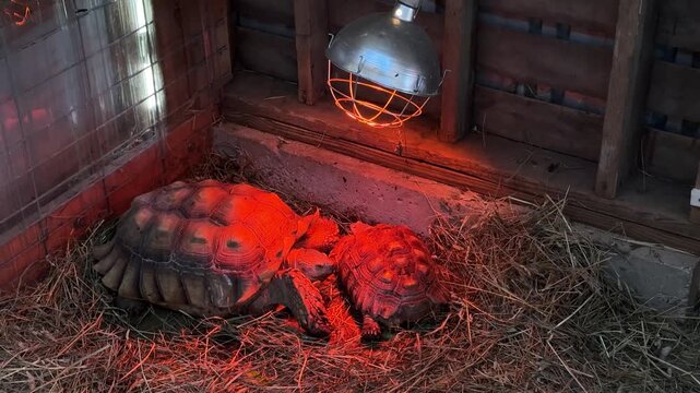 video of large tortoises resting under a red heat lamp at a zoo, highlighting reptile care, warmth, and a natural indoor habitat