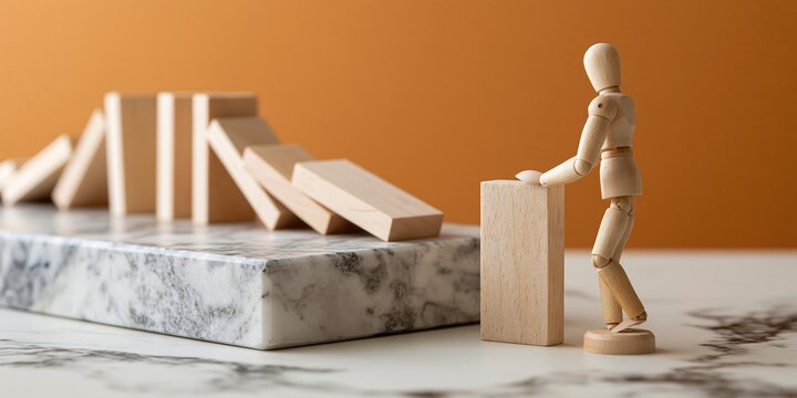 Articulated wooden man stops falling domino blocks on