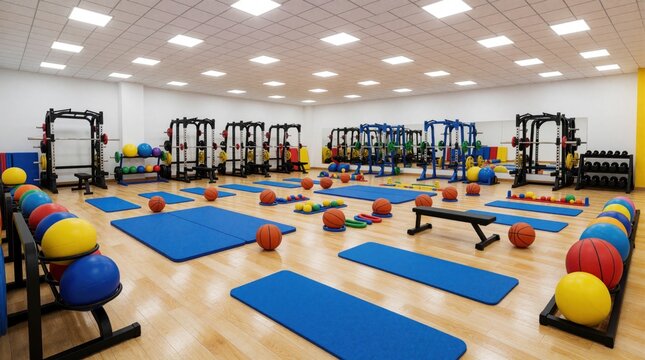 Empty school gymnasium with blue mats, basketballs, fitness equipment. Indoor sports room contains weight racks, exercise balls, benches, workout gear. High ceiling with bright lights for physical