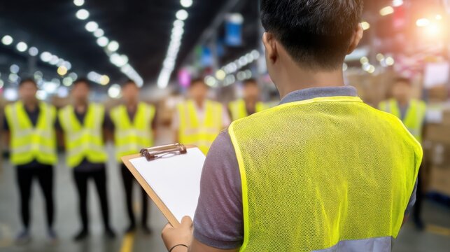 倉庫で指示を出す責任者と部下たち