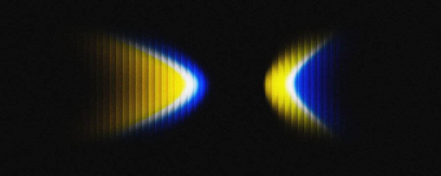 Futuristic abstract dark background showcasing two opposing glowing parabolic wave shapes with vertical pinstripe line textures in yellow and blue.