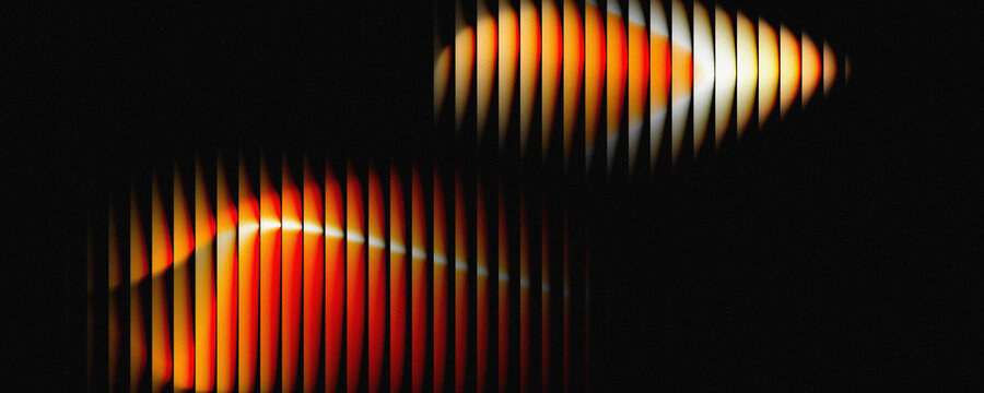 Futuristic abstract dark background featuring two staggered glowing soundwave pulse shapes with fine vertical line textures in fiery orange and red.
