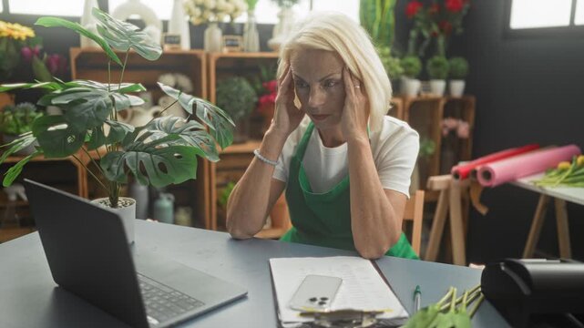 Woman florist wearing green apron with hands to temples by laptop, clipboard, potted plant and wrapping paper in studio; financial stress.