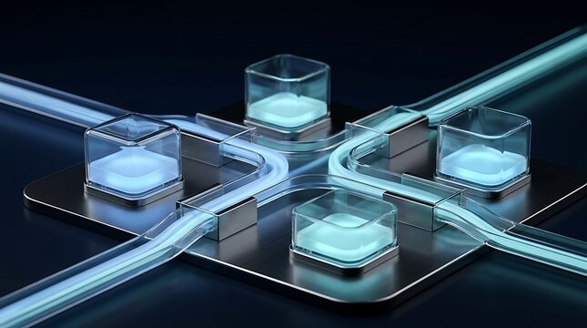 A 3D rendered microfluidic chip interface featuring clear glass channels with glowing blue liquid streams connecting four square glass blocks on a dark reflective metal base plate.