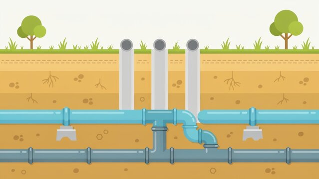 Flat vector illustration of underground utility network with blue water pipes and grey drainage lines beneath green grass and trees.