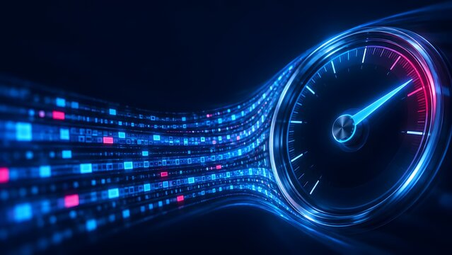 Digital speedometer interface connected to a curved highway of glowing blue data blocks representing extreme internet bandwidth