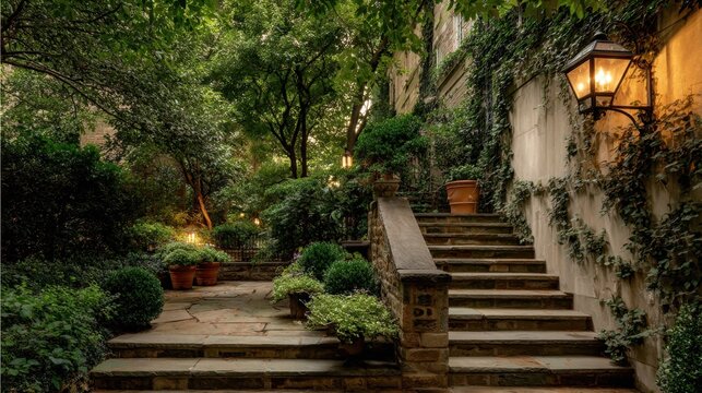 Enchanting stone garden staircase with ivy walls and glowing lanterns at dusk