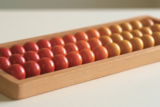 wooden abacus with red and orange beads on