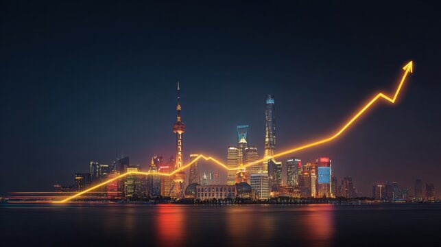 Asian city skyline at night with glowing golden stock market growth arrow