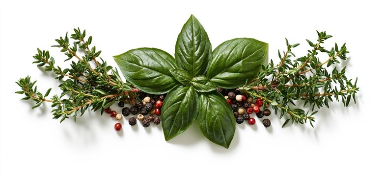 Fresh green basil leaves and thyme with peppercorns