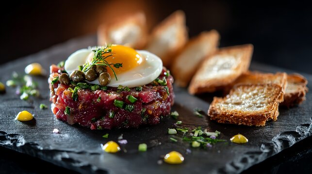 Elegant steak tartare plated with quail egg yolk capers and crispy crostini on a black slate plate fine dining style