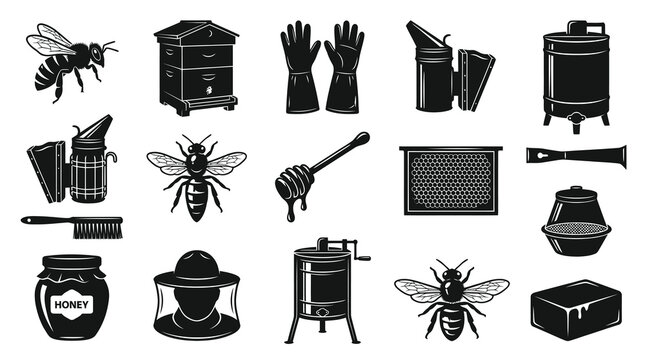 Beekeeping Equipment and Bee Icons in Black and White Vector Art