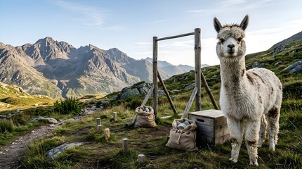 Fototapeta premium Alpaca Standing on a Mountain Trail with Adventure Gear