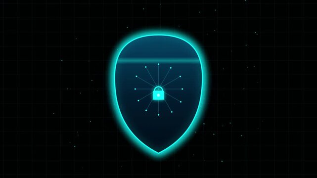 Cyber security digital shield with lock icon and scanning laser line animation