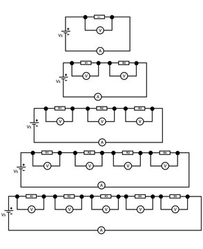 Electrical Series Circuit Schematic With Voltmeter and Ammeter Showing Five Resistors and Voltage Source