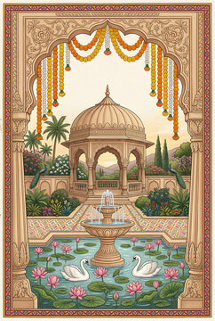 Elegant traditional Indian outdoor pavilion with lush garden and decorative water fountain for cultural festivities and tranquil