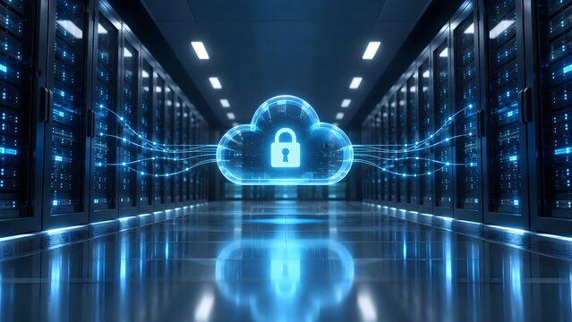 Glowing digital cloud with a padlock icon floating in a modern server room representing secure cloud storage and data center protection