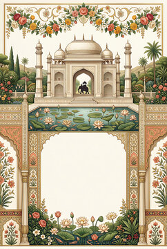 Intricate Mughal-inspired architectural scene featuring lush gardens and ornate arches with detailed floral motifs and a central