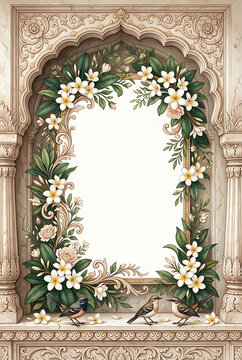 Ornate vintage window frame surrounded by lush floral garland with daisies and greenery in an intricate historic architectural
