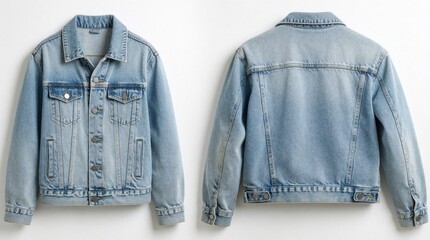 Plakat Light blue denim jacket shown from front, back views. Casual cotton outerwear template isolated on white background. Classic indigo jean clothing mockup for fashion design, retail apparel catalog,