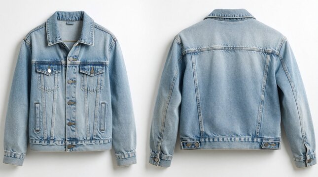 Light blue denim jacket shown from front, back views. Casual cotton outerwear template isolated on white background. Classic indigo jean clothing mockup for fashion design, retail apparel catalog,