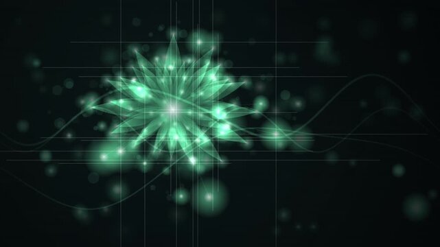 Green digital particle network forming a spherical web loop as a glowing background overlay