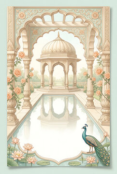 Elegant traditional Indian architectural scene featuring a domed pavilion overlooking a tranquil reflective pool with peacocks
