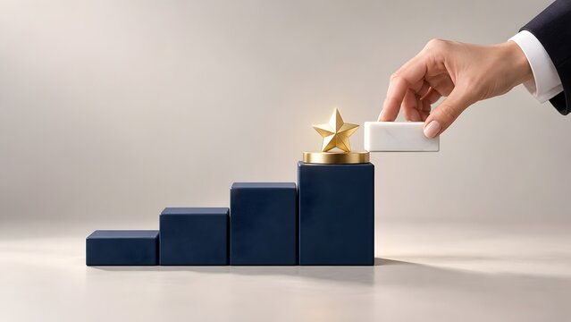 Hand placing the final block with a golden star on a blue staircase representing business excellence and achieving top performance