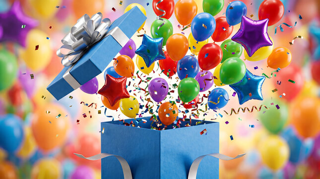 Surprise gift box opening with vibrant colorful balloons and confetti explosion for celebration