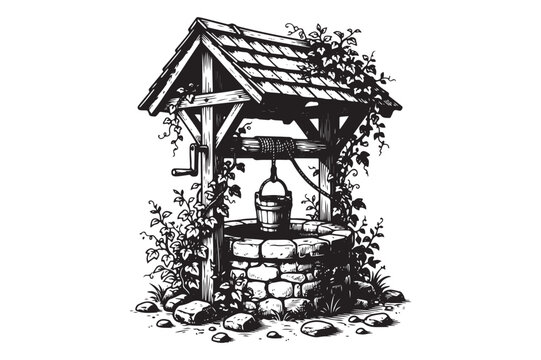 Vintage style drawing of an old stone water well with bucket architecture structure