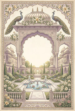 Elegant classical palace courtyard with ornate arches lush greenery and symmetrical water feature bathed in soft morning light