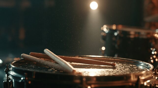 Dusty drumsticks resting on worn snare drum under