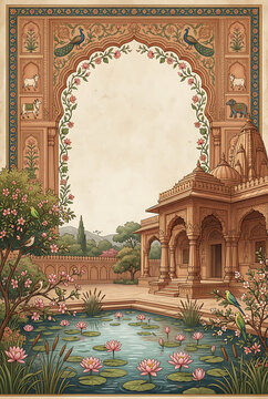 Intricate Mughal-inspired palace courtyard scene with lush garden and blooming water lilies in a serene outdoor setting