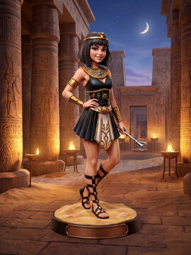 figurine of stylized ancient Egyptian queen or goddess standing on a circular stone base with temple background,