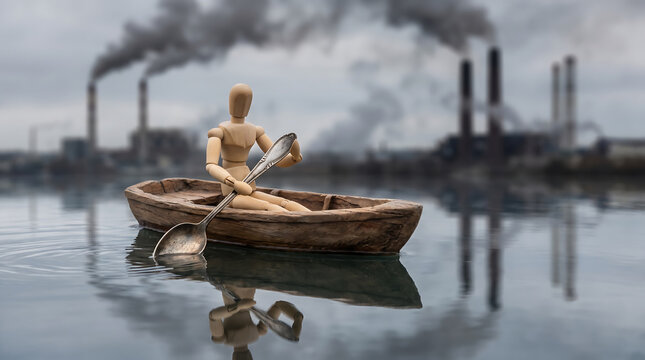 Wooden mannequin rowing a small boat on a polluted body of water with industrial smokestacks in the background, symbolizing environmental damage and climate change concerns