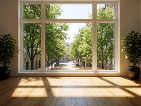 Bright sunlit room with large window view of city street lined with green trees. Sunlight streams onto clean wooden floor. Potted plants flank window, adding life to modern interior.