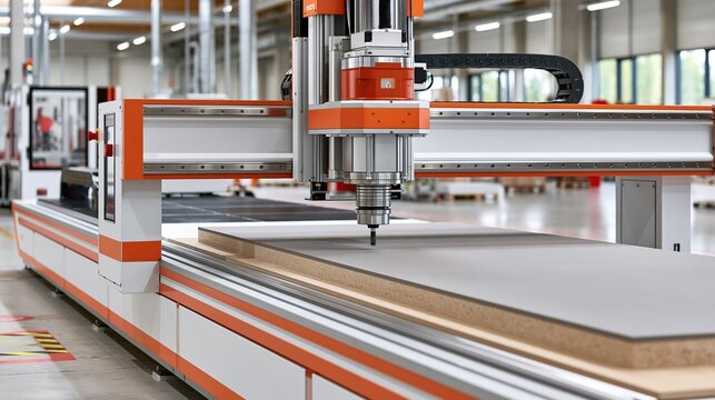 Industrial CNC router machine processing wood sheet in