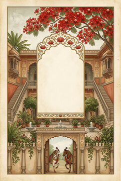 Intricate traditional courtyard scene featuring lush greenery vibrant red flowers and ornate architectural details with a
