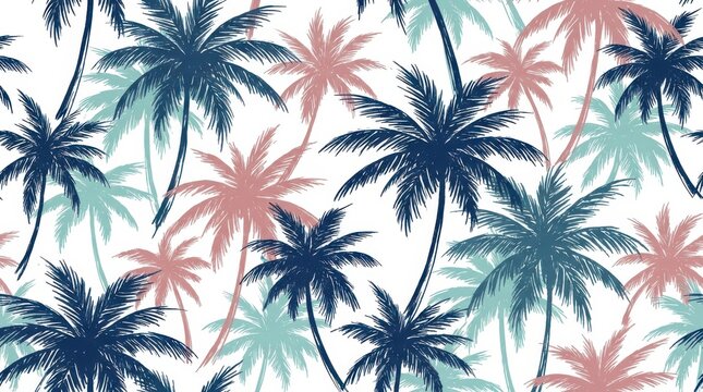 Seamless pattern of palm leaves with blue pink and teal colors used for tropical summer beach fashion print design.