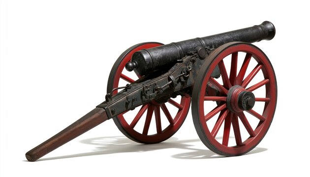 Vintage black cannon with red spoked wheels on