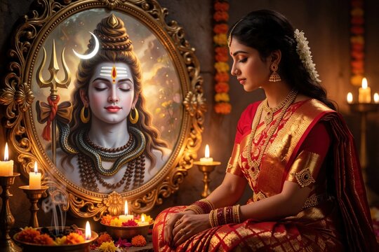 Indian woman in red sari meditates near ornate mirror showing Lord Shiva. Candles and flowers around her signify spiritual devotion and peaceful prayer during sacred festival.