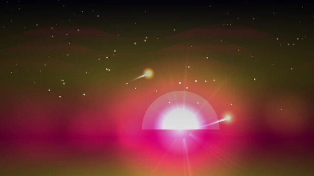 A vibrant retro sun setting over a colorful gradient horizon with stars and shooting meteors